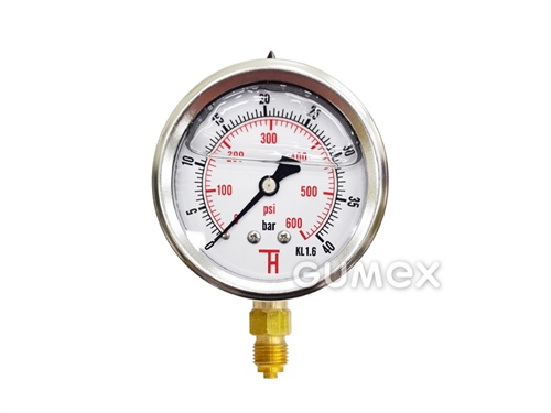 Glyzerin-Manometer mit Bodenauslass, 63mm, Außengewinde G 1/4", 0-40bar, -40°C/+60°C, 